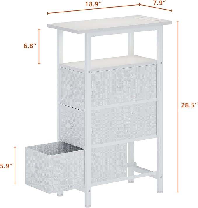 End Table with Charging Station, Narrow Side Table with 3 Fabric Drawers - Image 3