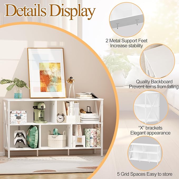 Horizontal Bookshelf, Industrial Modern 5 Cube Low Wide Cubby Bookcase - Image 4