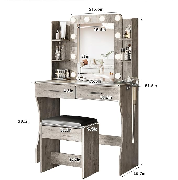 Vabches Vanity Desk with Mirror and Lights, Makeup Vanity Table with Charging - Image 6