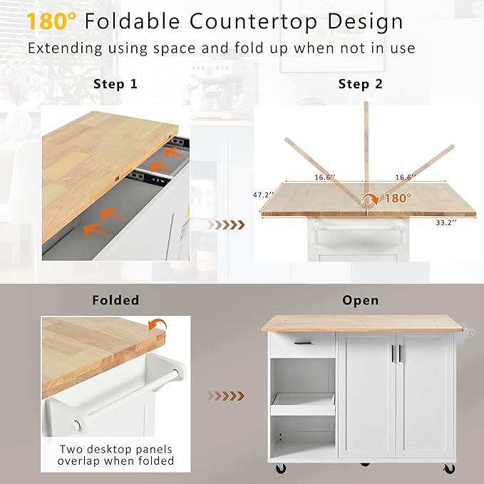 49" Foldable Kitchen Island Cart, Towel Rack & Drawer, Rolling on Wheels - Image 5