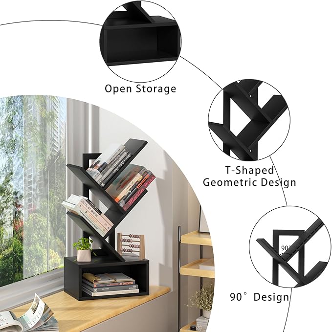 Small Tree Book Shelf, 5 Tier Black Tree Bookshelf, Modern Desk Display Storage - Image 6