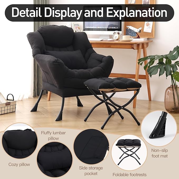Lazy Chair with Ottoman, Modern Accent Chair with Lumbar Pillow, Comfy Chairs - Image 5