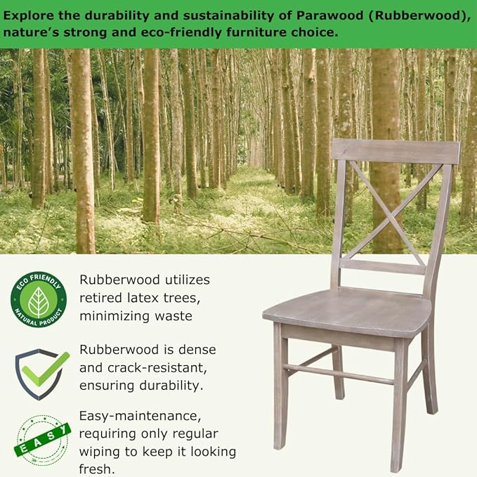 X-Back Dining Chairs Set of 2 Washed Gray Taupe Solid Wood Parawood Construction - Image 4