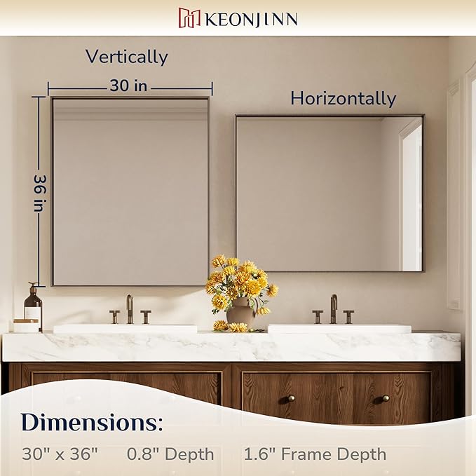 Keonjinn 30 x 36 Inch Brushed Bronze Bathroom Mirror, Metal Framed Rectangular - Image 7