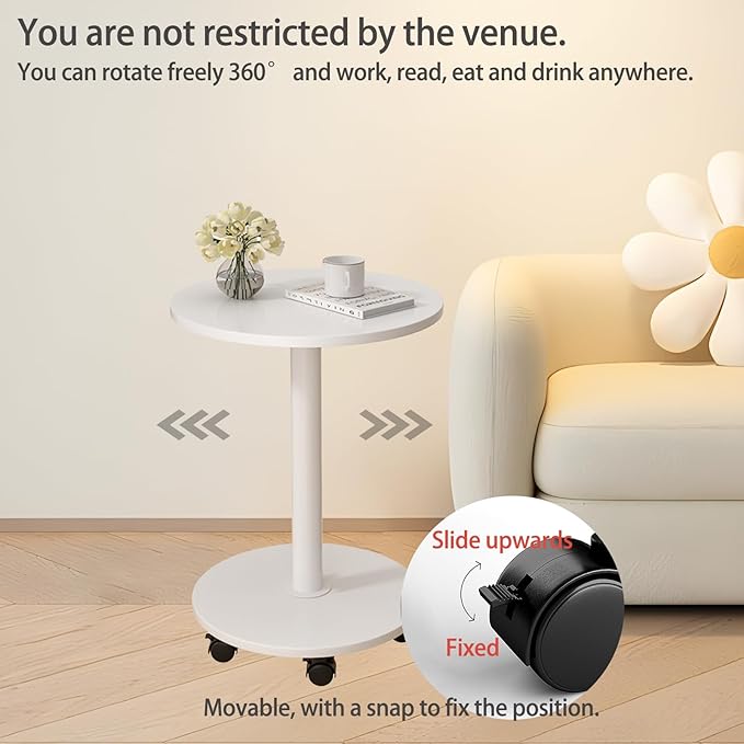 Pedestal Side Table Round with Wheel, Rotating Couch Tables That Slide Under - Image 4