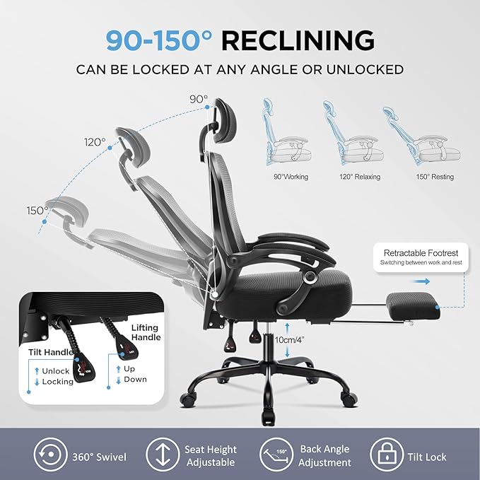 Ergonomic Office Chair with Footrest, Ultra Thick Reclining Office Desk Chair - Image 6
