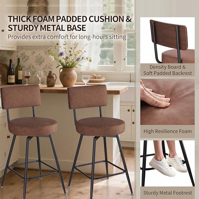 Bar Stools Set of 2, 25 Inch Swivel Bar Stools Bar Chairs, Faux Leather Counter - Image 5