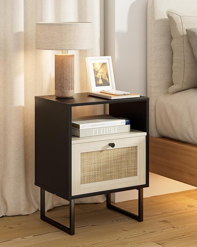 Rattan Nightstand, Boho Night Stand Farmhouse Wood Bedside Table - Image 4