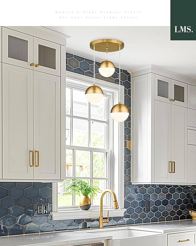 LMS Brushed Gold 3-Light Cluster Pendant Lights, Modern Kitchen Island Lighting - Image 2