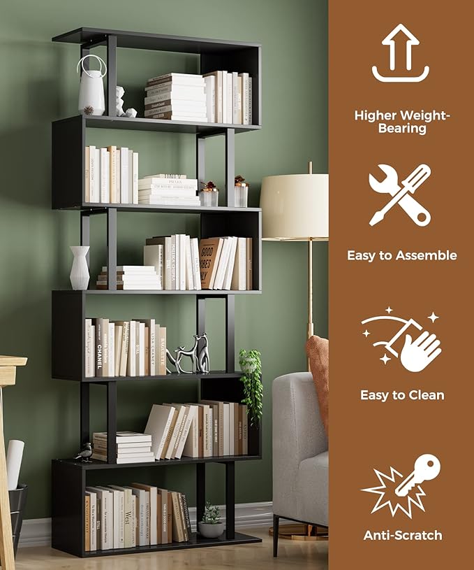 Gadroad 6 Tier Geometric Bookcase, Modern Corner Bookcase Storage Shelf Wood - Image 4
