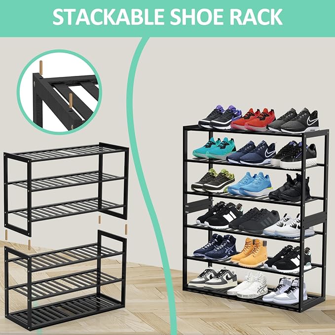 Bamboo Shoe Rack for Entryway, Stackable 3 Tier Shoe Organizer Shelf Storage - Image 5