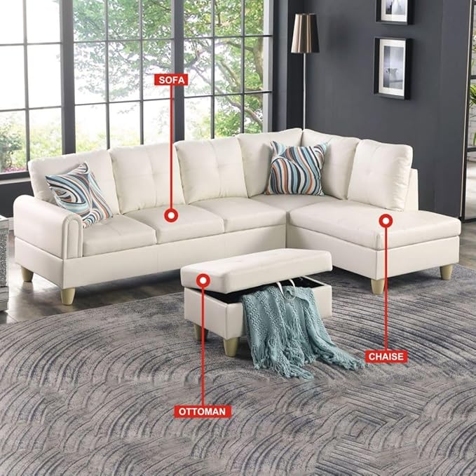 Pearl White L-Shaped 3-Piece Faux Leather Sofa - Image 3