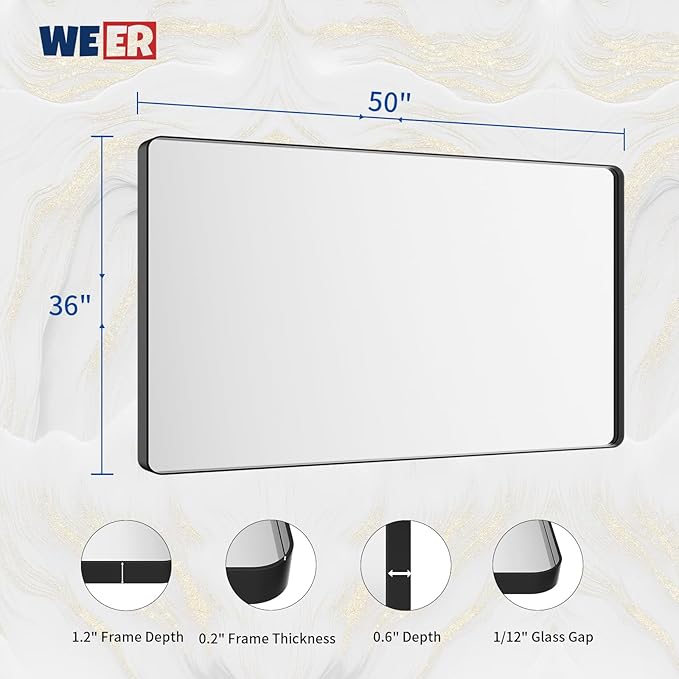WEER Black Bathroom Mirror for Wall, 50X36 Inch Matte Black Mirror, Rectangular - Image 6