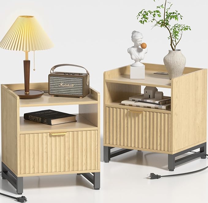 Fluted Night Stand Set 2 with Charging Station, Wood Nightstand with Large by DEMEGA