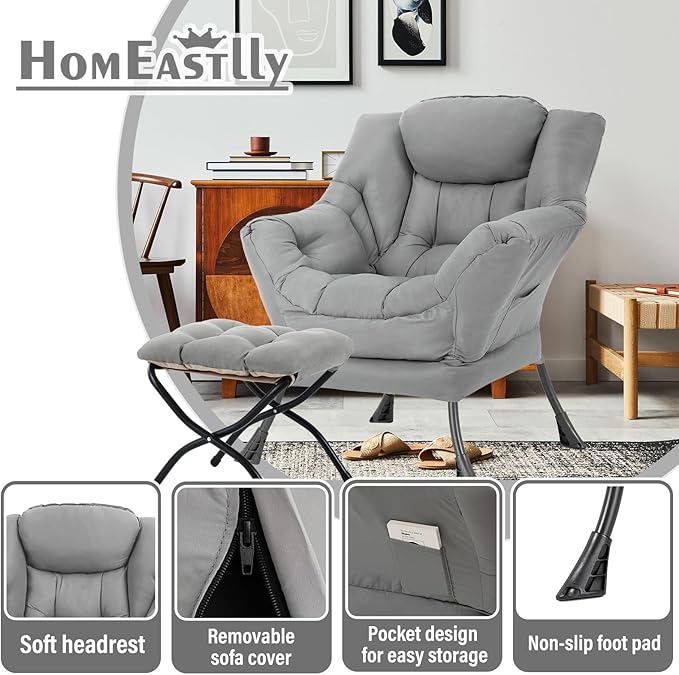 Lazy Chair with Ottoman, Large Modern Lounge Accent Chair with Armrests and - Image 4