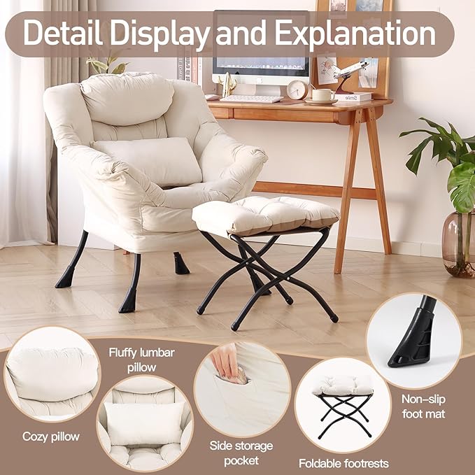 Lazy Chair with Ottoman, Modern Accent Chair with Lumbar Pillow, Comfy Chairs - Image 5