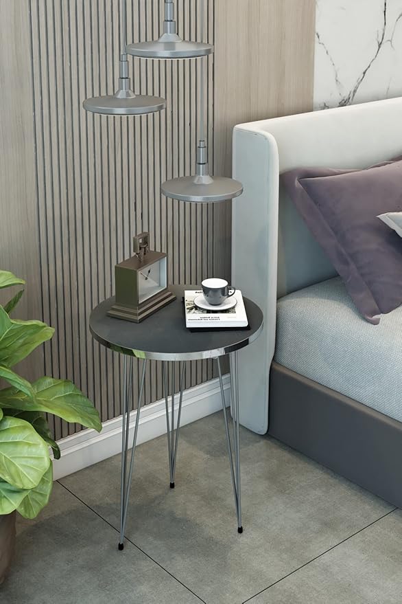PAK HOME - Set of 2 End Table - High Gloss Grey Wood Round Sofa Side Coffee - Image 6