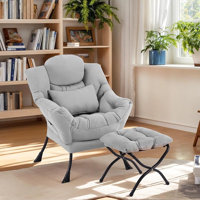 Lazy Chair with Ottoman, Modern Lounge Chair with Lumbar Pillow, Accent Cozy - Image 5