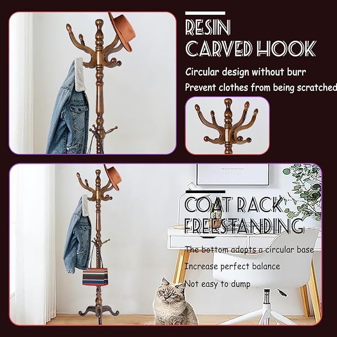 73 in Wood Coat Rack, Coat Rack Freestanding - Image 3