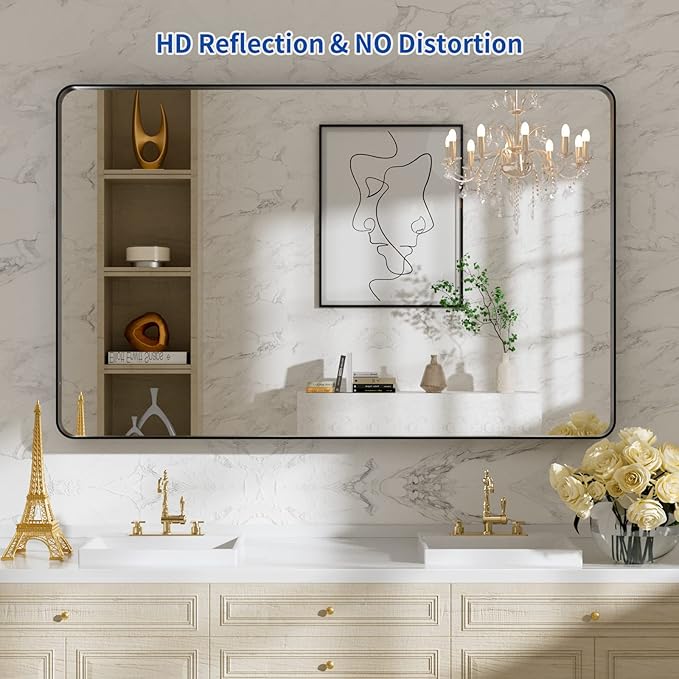 WEER 48X30 Inch Black Metal Framed Bathroom Mirror, Matte Black Bathroom Vanity - Image 2