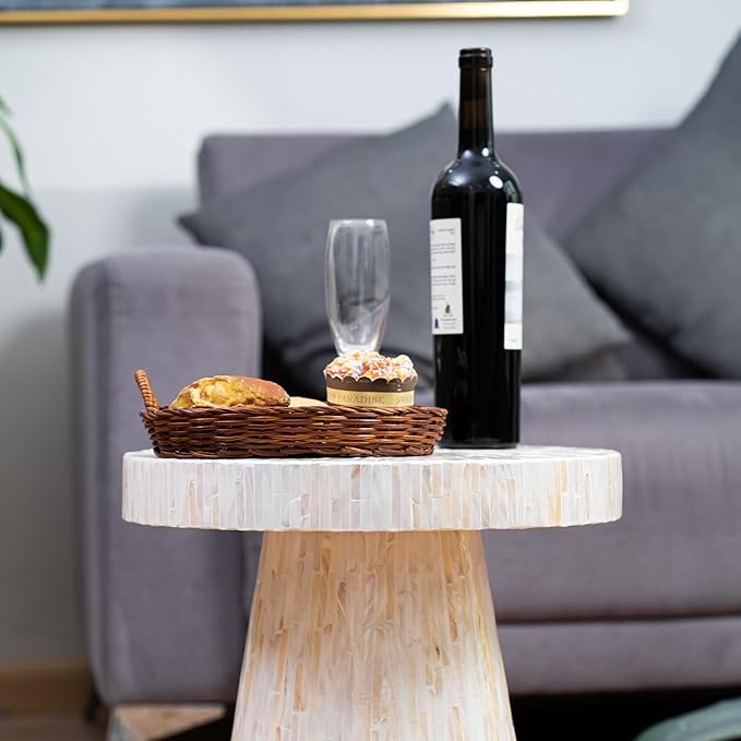 PEMAR Mother of Pearl Pedestal Side Table Modern Mushroom Minimalist Drink - Image 4