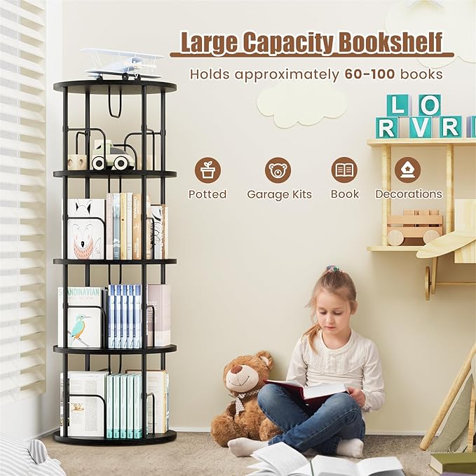 Rotating Bookshelf, 4 Tier Spinning Bookshelf Tower, 360° Display Round Bookcase - Image 4