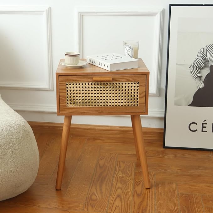 AWASEN Mid Century Nightstand, Rattan Side Table - Image 2