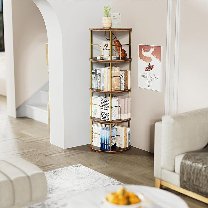 Rotating Bookshelf, 4 Tier Spinning Bookshelf Tower, 360° Display Unique Round - Image 6