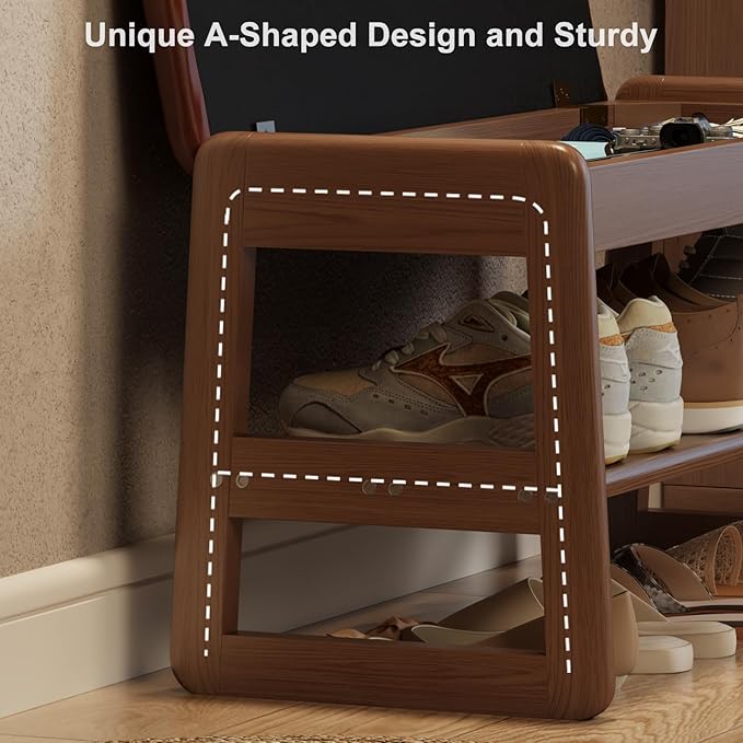 Shoe Rack Bench with Leather Cushion, 2 Tiers Shoe Bench with Flip-Top Storage - Image 8