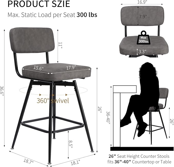 Swivel Counter Height Bar Stools Set of 2, Faux Leather Bar Stools - Image 3
