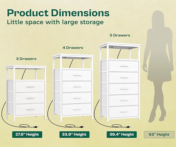 Huuger White Dresser with 5 Drawers & Charging Station, Tall Dresser - Image 4