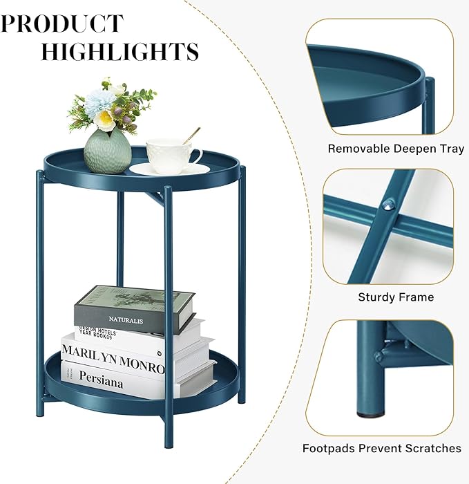danpinera 2-Tier End Table, Outdoor Side Table Metal Round Side Table - Image 5