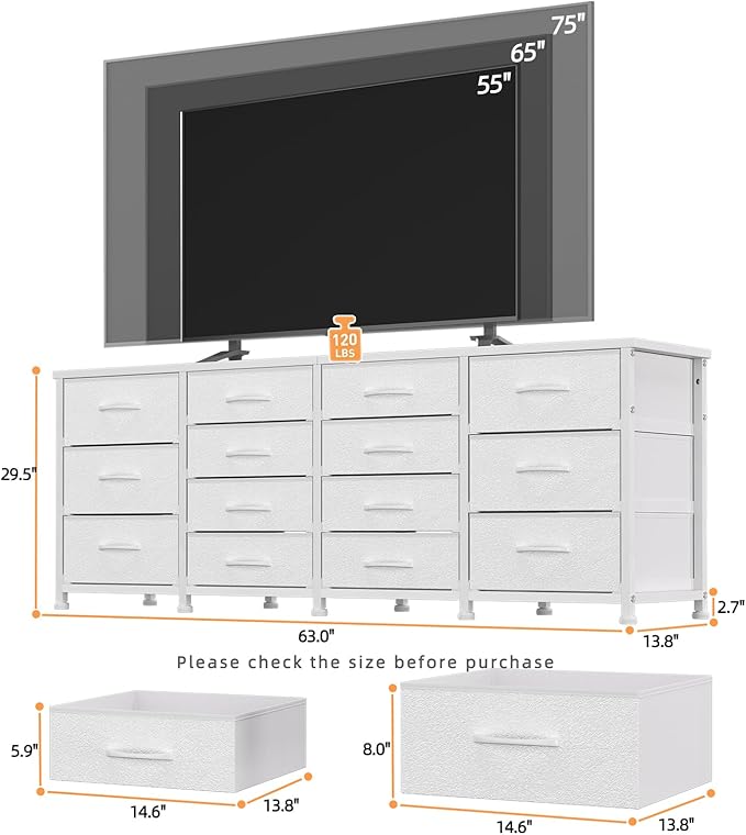 63 Inch TV Stand Dresser for Bedroom, Long White Dresser - Image 3