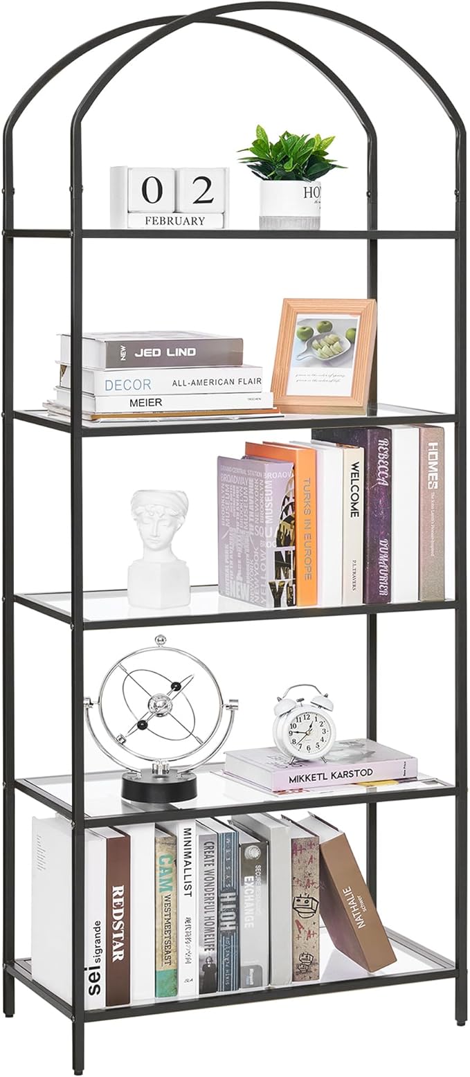 Homhedy Bookshelf Arched Display Racks, Metal Bookcase, Tempered Glass Shelves - Image 8