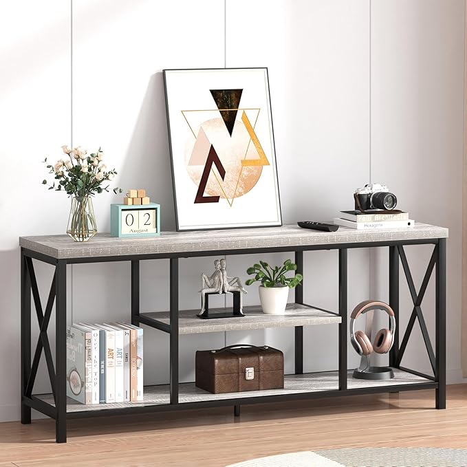 FOLUBAN Modern TV Stand for TV up to 65 Inch, Rustic Wood Entertainment Center - Image 2