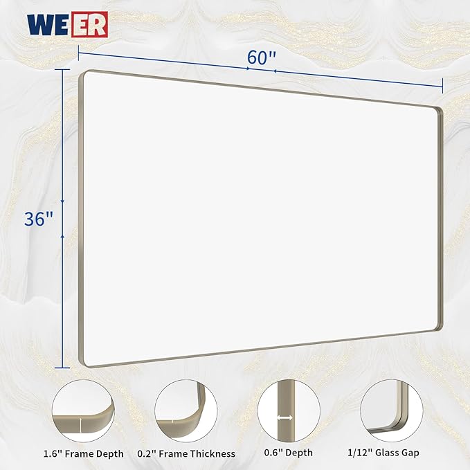 WEER 60X36 Inch Brushed Nickel Bathroom Mirror, Brushed Silver Metal Frame - Image 6
