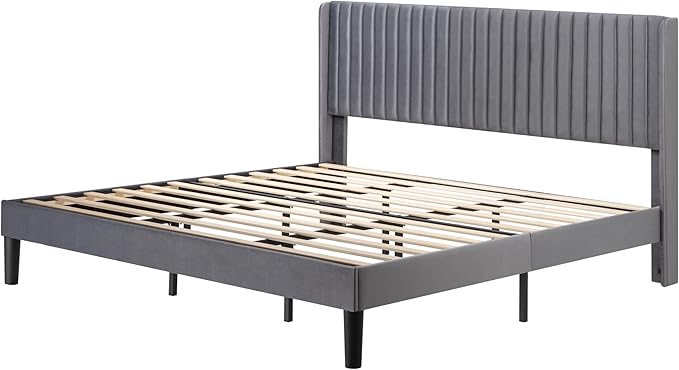 Allewie King Size Velvet Bed Frame/Vertical Channel Tufted Wingback - Image 8
