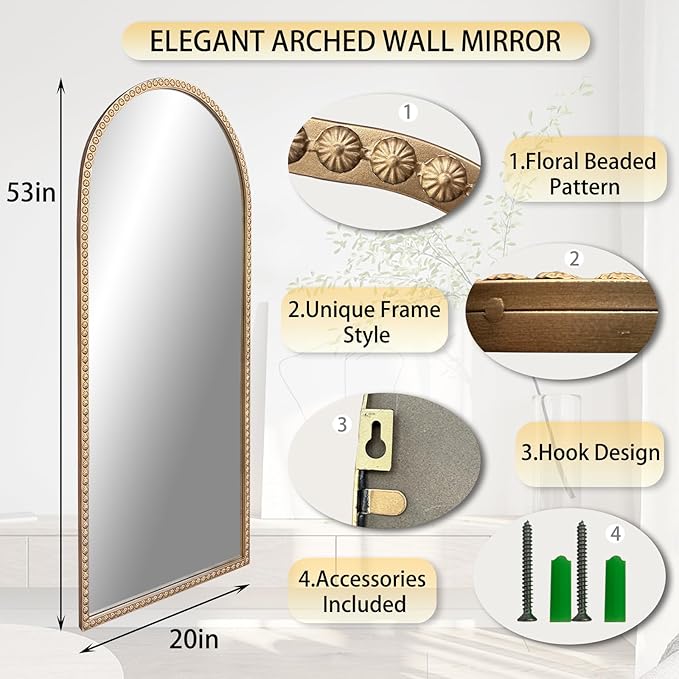 Large Arched Mirror, Metal Beaded Frame Decorative Accent Mirror, Ornate - Image 3