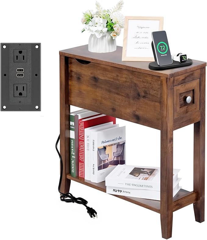 Chairside Table with Charger, Cherry End Table with Movable Top and Charging by LUSUOWLZ