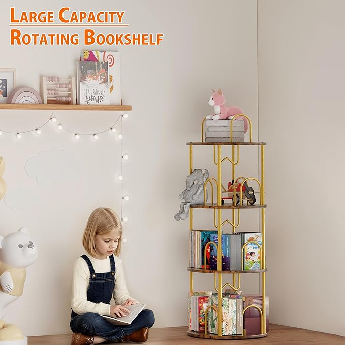 3 Tier Rotating Bookshelf, 360° Spinning Bookshelf Tower, Round Narrow Space - Image 5