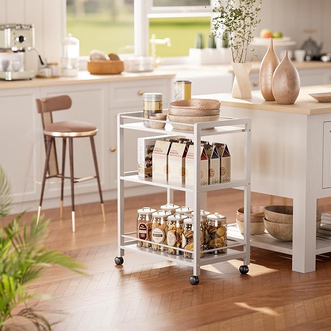 HITNET White Bar Cart, Home Bar Serving Cart, Kitchen Trolley on Wheels - Image 2