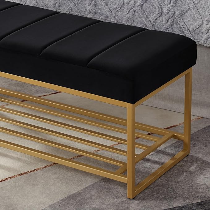 24KF Black Velvet Upholstered End of Bed Bench - Image 6