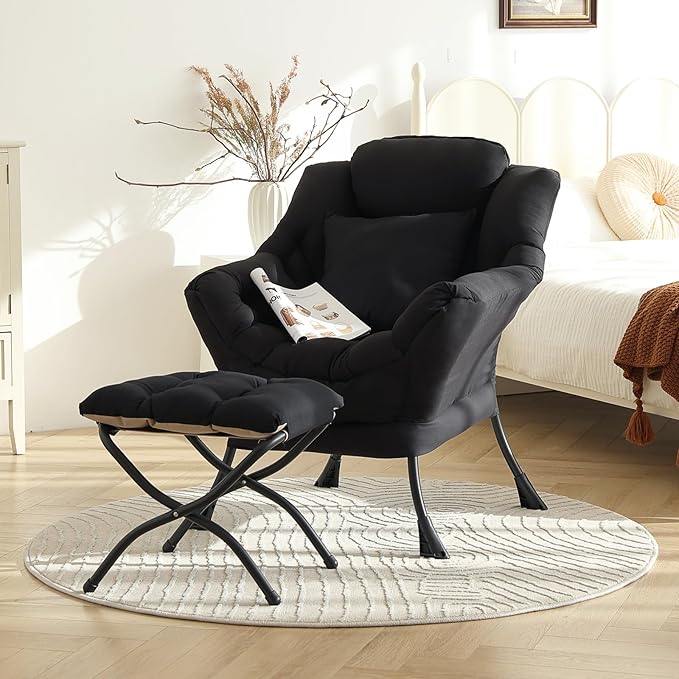 Lazy Chair with Ottoman, Modern Lounge Accent Chair with Armrests and a Throw - Image 4