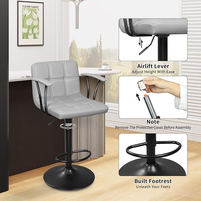 Bar Stools Set of 2, Armrest Adjustable Swivel Barstools - Image 6