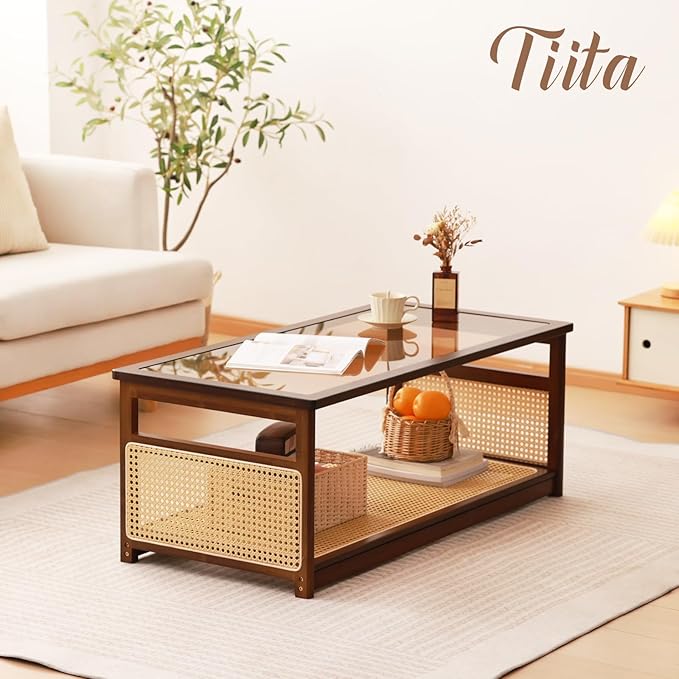 Tiita Coffee Tables for Living Room，Mid Century Modern Storage 2-Tier Coffee - Image 2