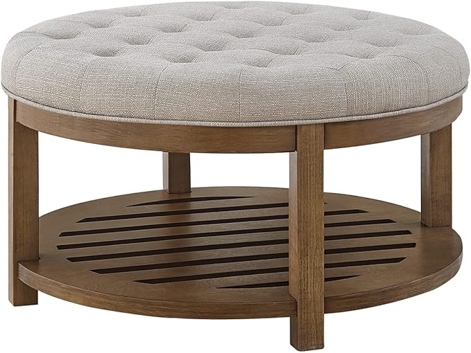24KF Large Round Upholstered Tufted Linen Ottoman Coffee Table, Large Footrest - Image 3