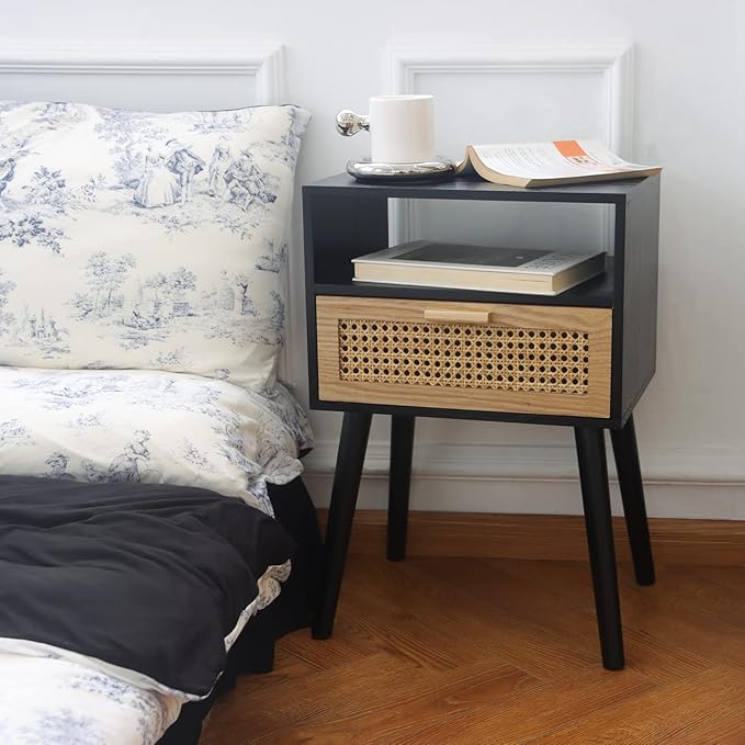 MaxSmeo End Table with Storage Mid Century Nightstand with Rattan Drawer and - Image 2
