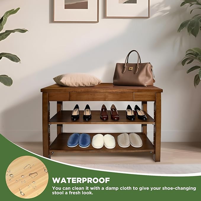 Wood Shoe Bench Entryway with Drawer: 2-Tiers Wooden Storage Shoe Rack with - Image 5