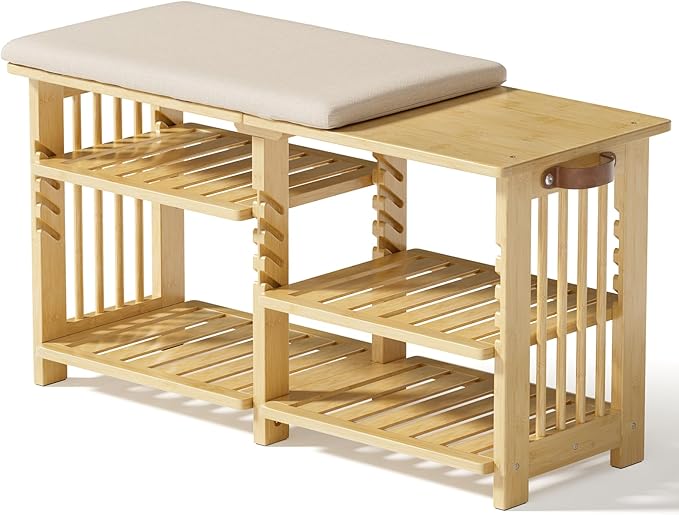 Amazer Bamboo Shoe Rack Bench, 3-Tier Shoe Bench Height Adjustable, Entry Bench - Image 9