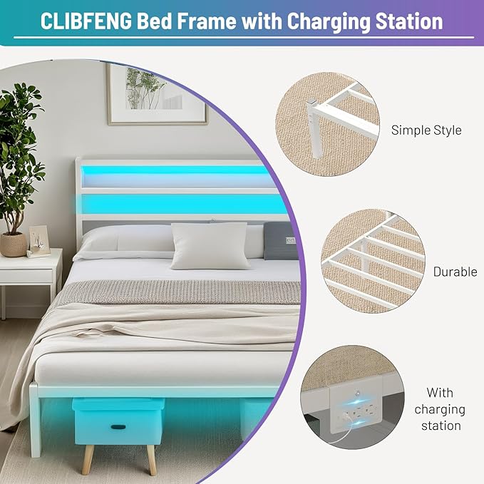 Queen Bed Frame with Headboard, Heavy Duty Steel Slats Support-LED Bed Frame - Image 4